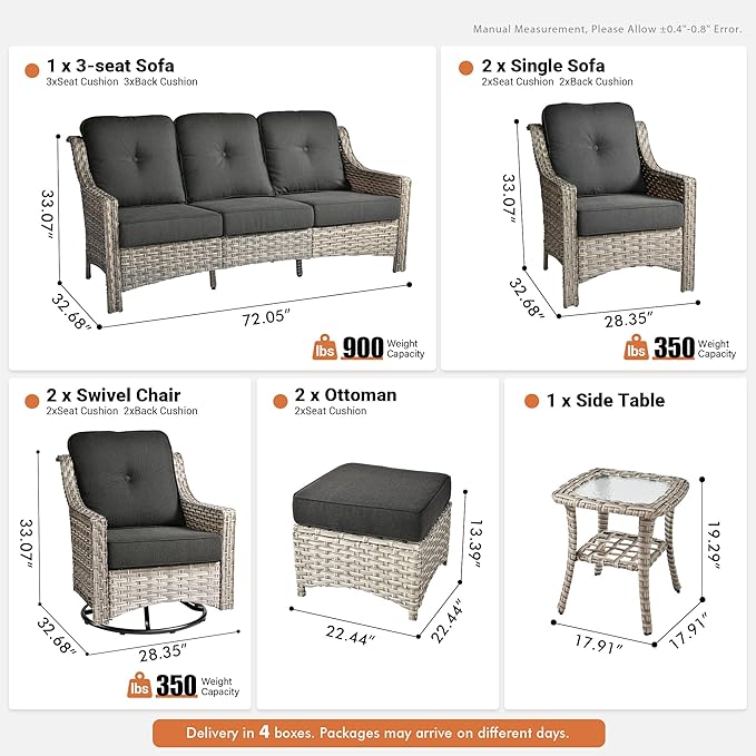 8 Pieces Patio Outdoor Furniture Set with Swivel Rocking Chairs,All Weather Wicker Rattan Patio Seating Sofa and Chair Set w/Ottoman,Outdoor Conversation Sets for Deck Yard Garden,Black