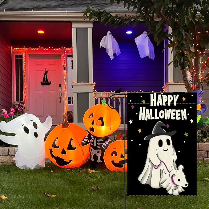 Happy Halloween Garden Flag Ghost Dog Yard Flag 12x18 Inch Double Sided Small Mini Yard Outdoor Outside Holiday Party Decoration