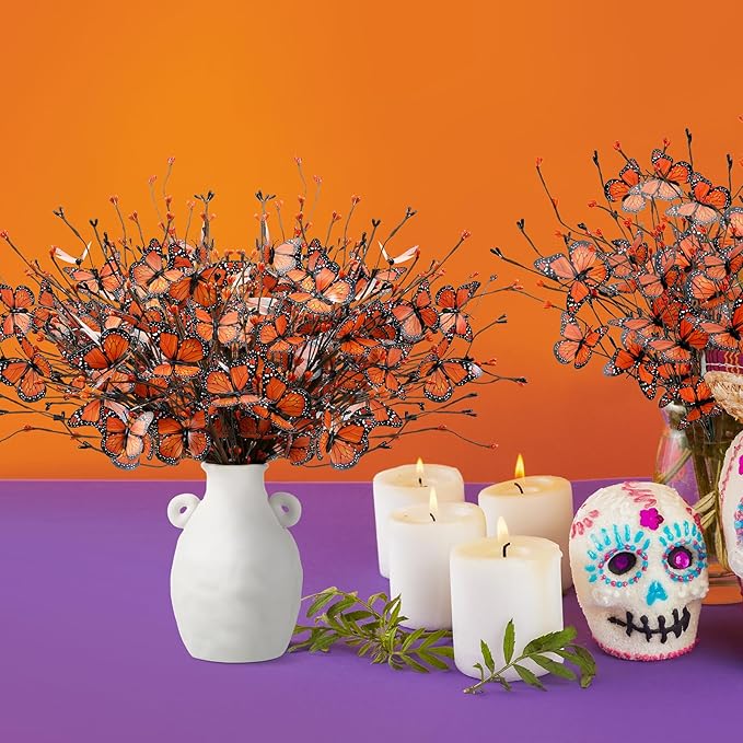 8 Pcs Monarch Butterfly Day of The Dead Decorations, Artificial Butterfly Picks Flower Bouquet for Altar Vase Filler Table Centerpiece Home Decor Halloween Floral Arrangements