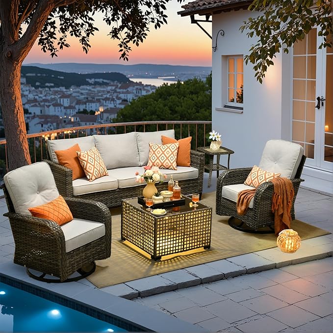 HOOOWOOO Outdoor Patio Furniture Set,5 Pieces Wicker Conversation Set,All Weather Couch Set with Swivel Chairs Solar Light Table 5 Seaters for Out Door Yard(Light Gray)