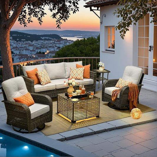 HOOOWOOO Outdoor Patio Furniture Set,5 Pieces Wicker Conversation Set,All Weather Couch Set with Swivel Chairs Solar Light Table 5 Seaters for Out Door Yard(Light Gray)