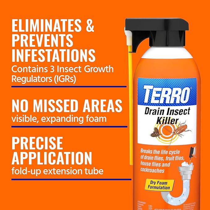 TERRO Drain Insect Killer - T590 Drain Fly Killer Spray - Foam Treatment for Fruit Flies, House Flies, and Cockroaches