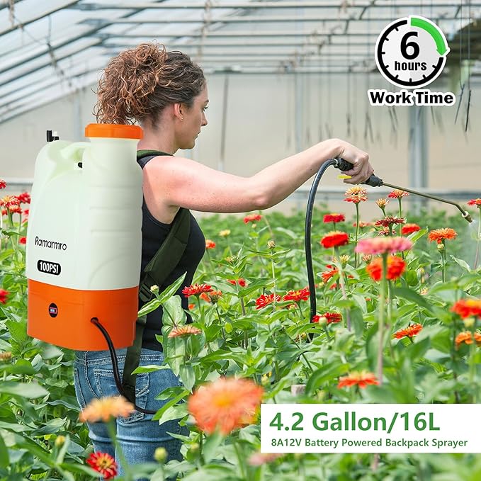 Battery Powered Backpack Sprayer 4 Gallon Lawn Garden Sprayer,100 PSI Adjustable Pressure with 8 Nozzles and 2 Wands, Weed Yard Sprayer for Lawn, Garden, Cleaning