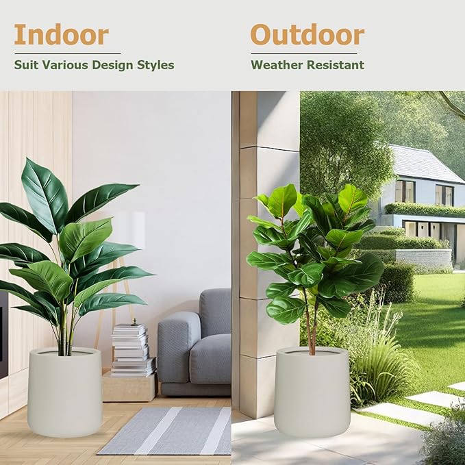 15.3" H x 15" D Conico Fiberstone Round Planter with Drainage Hole, Smooth Finishes, Weather Resistant for Indoor and Outdoor Use, Included 2 Extra Coco Mats (Taupe, 11.7" Pot Opening)