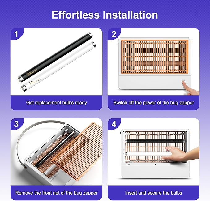 2 Pack Bug Zapper Replacement Light Bulb, BL T8 F10W Light Tube for 20W Indoor Electronic Mosquito Zapper, 13 inch UV Lamp Replacement Bulbs Compatible with 20W Bug Zapper, White & Black