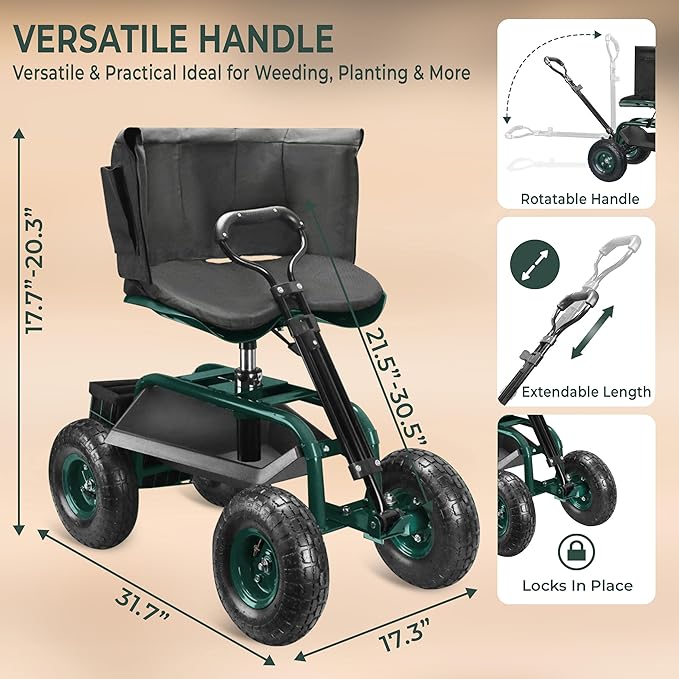 Garden Seat with Wheels – Adjustable 360° Swivel Gardening Stool with Hydraulic Height Adjustment, Ergonomic Backrest, and Tool Storage – Rolling Stool for Garden, Yard, and Outdoor Use