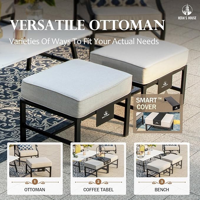 HERA'S HOUSE 5 Piece Patio Furniture Set, 2 x Cushioned Metal Chair, 2 x Ottoman, 1 x 3-Seat Sofa, All Cushioned 7 Seats Outdoor Conversation Set for Lawn Garden Backyard