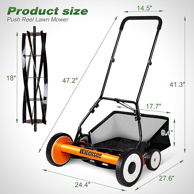Walensee 18-Inch 5-Blade Push Reel Lawn Mower, Cordless Manual Reel Lawn Mower Walk-Behind Steel Lawn Mowers with Removable 10-Gallon Grass Catcher, Sponge Grip, 9-Position Cutting Height Adjustment