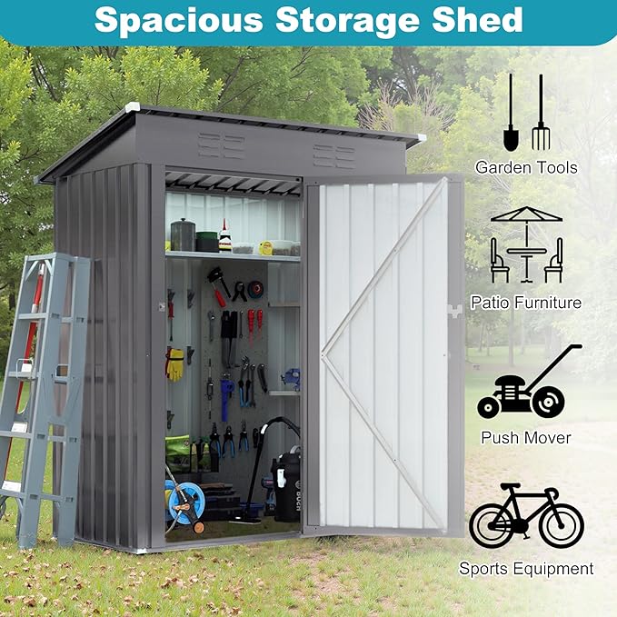 5X3 FT Outdoor Metal Storage Shed, Tool Shed with Pitched Roof and Lockable Door, Compact Garden Shed for Backyard Garden Patio Lawn, Gray