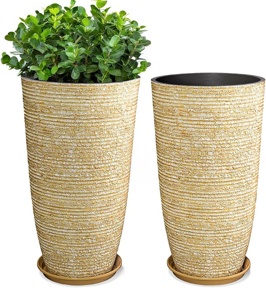 QCQHDU 9 Gallon Tall Large planters for Outdoor/Indoor Plants of 12" Dia x 21" H Round Flower Pots Set Faux Stone Finish Front Door Patio Square Porch Planters with Tray, Beige