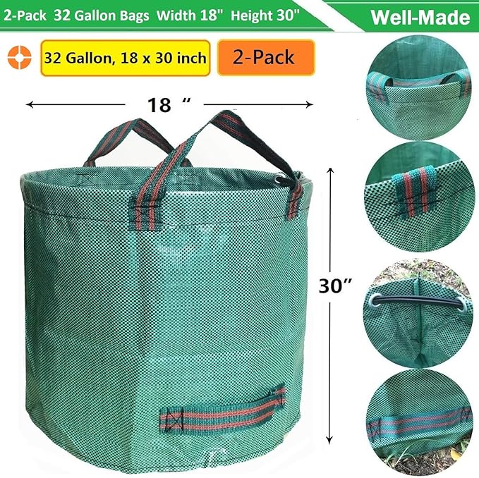 Standard 2-Pack 32 Gallon Yard Garden Bags (D18, H30 inch) with Gardening Gloves for Yard Waste,Debris Bags,Recycling Bin,Camping Trash Container,Laundry Bag,Lawn Grass Clippings,Leaf Bag w/ 4 Handles