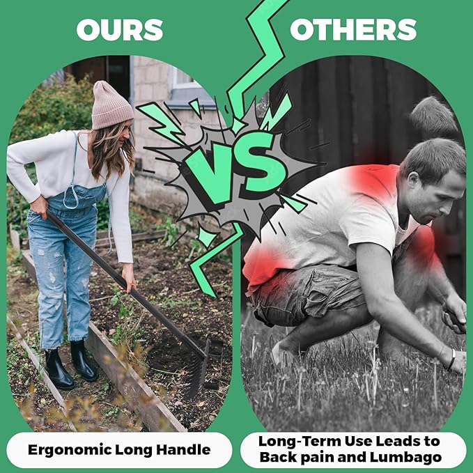 Stirrup Hoe Garden Tool Weed Puller with 76.8Inch Adjustable Stainless Steel Handle, Heavy Duty Hula Hoe and 12 Tines Rake 2 in 1 Gardening Tools Garden Cultivator for Weeding Soil Loosening, Black