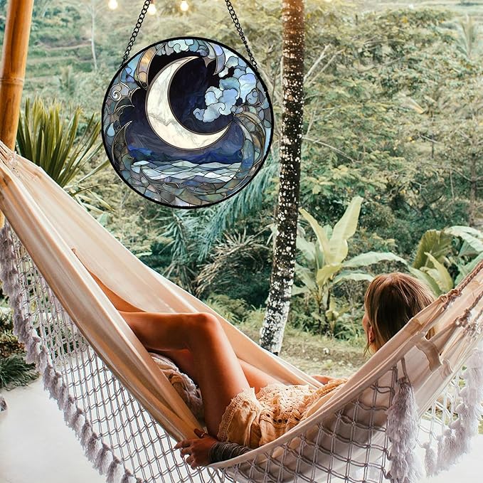 Stained Glass Window Hanging - Abstract Sea of Clouds Moon Sun Catcher for Door Terrace Garden Home Decor, Gray Blue Suncatcher Birthday Gifts for Lovers Women Men Dad Mom Nana 9.8 in