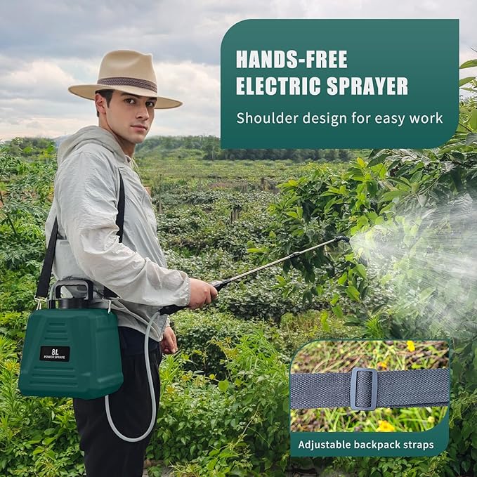 2 Gallon Battery Powered Sprayer, Electric Garden Sprayer, Backpack Sprayer with 3 Mist Nozzles & USB Rechargeable Handle & Retractable Wand & Adjustable Strap for Lawn, Garden, Yard (Green)