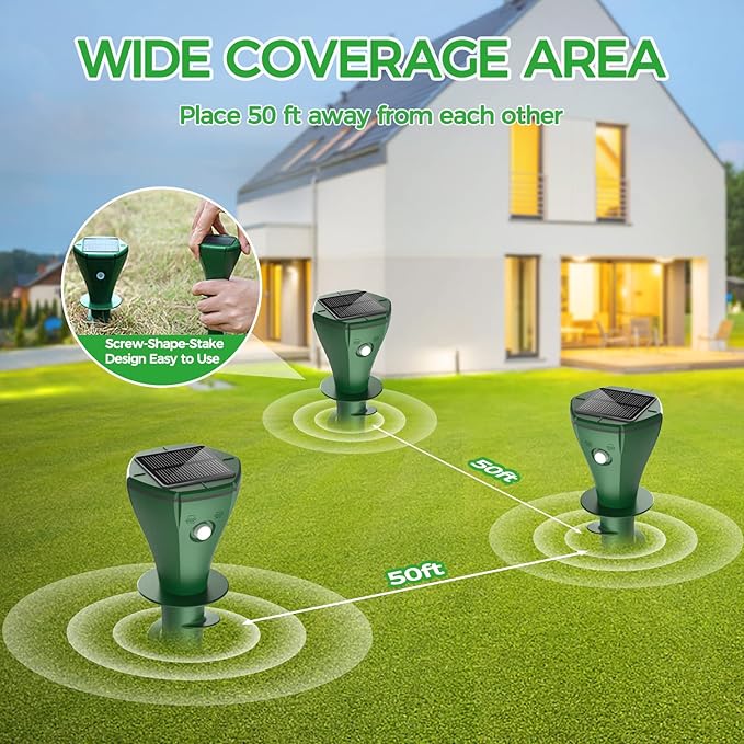 Mole Repellent Solar Powered, 4 Pack Vole Repellent Outdoor, Gopher Repellent Ultrasonic Solar Powered Groundhog Deterrent Snakes Pest Rodent Sonic Vibration Stake for Lawns, Garden, Yard, Farmland