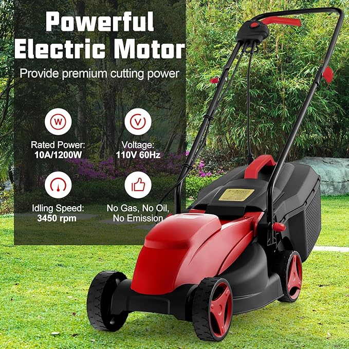 Electric Lawn Mower, 13" Corded Lawnmower with 10 Amp Copper Motor, 6.6-Gallon Grass Collection Box & 3-Position Heights, Push Lawn Mower Electric De-Thatcher for Garden & Farmyard (Red)