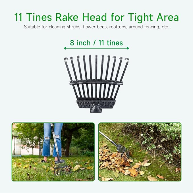 GreatBuddy Adjustable Leaf Rake, 8'' Wide Metal Rake, Perfect for Shrub, Flower Bed & Small Area, 29''- 72'' Expandable Stainless Steel Handle, Easy to Use