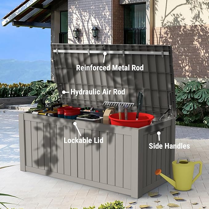 Mars Villa Deck Box, Waterproof and Weatherproof Large Resin Storage Bin with Lockable Lid, Ideal for, Outdoor, Patio Furniture Cushions, Pool Supplies, Garden Tools (119 Gallon, Grey)