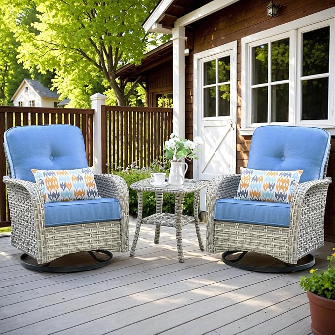 HOOOWOOO Outdoor Patio Bistro Set,3 Pieces Wicker Out Door Swivel Rocking Chair with Matching Side Table,Patio Furniture Sets,Blue
