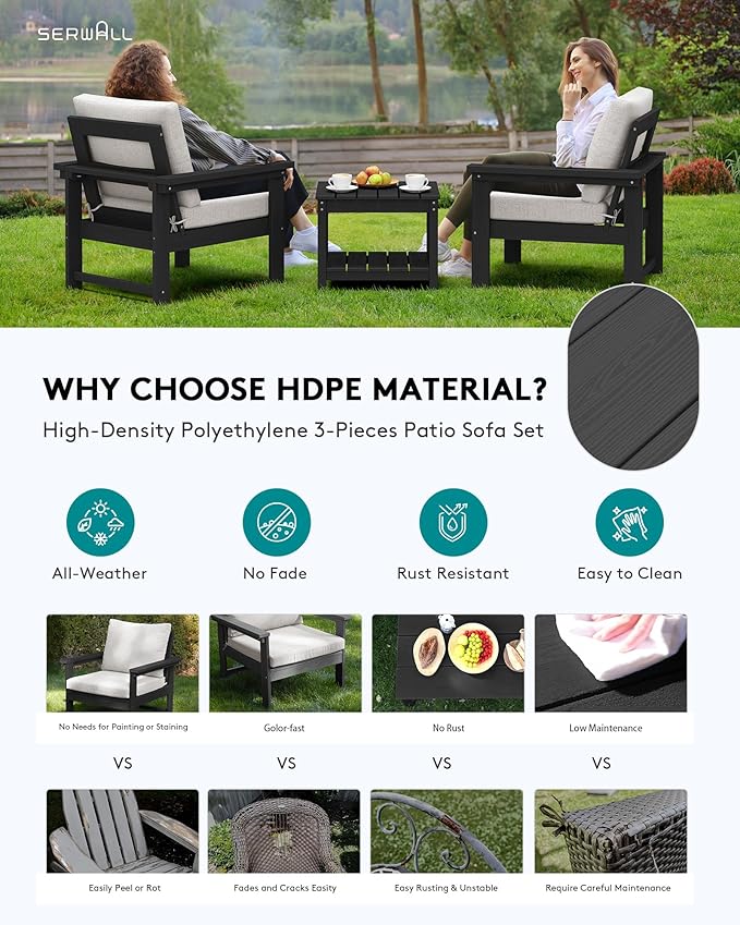 SERWALL HDPE Patio Sofa Set, 3-Piece Sectional Outdoor Furniture Set, All Weather Outdoor Couch Set Patio Furniture Set for Deck, Lawn, Black Frame with Khaki Cushion