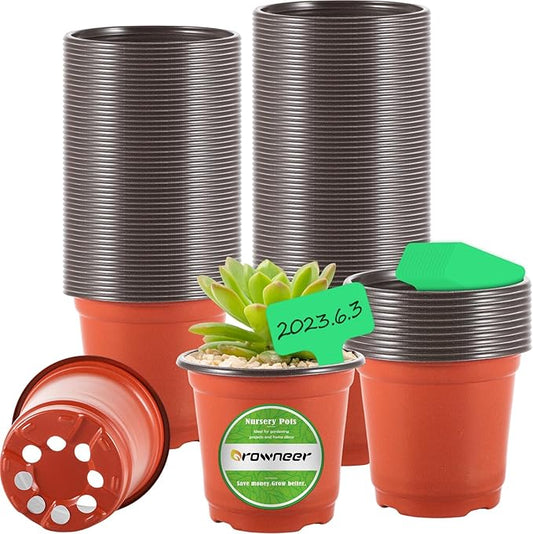 GROWNEER 120 Pcs 4 Inch Nursery Plant Pots for Plants with 15 Labels, Plastic Seed Starter Kit for Indoor & Outdoor Gardening, Seedling Transplant, and Flower Growing Planter