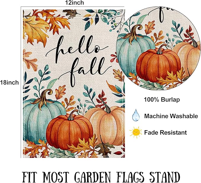 Fall Garden Flag 12 x 18 Inch Double Sided Pumpkin Maple Leaves Designs Autumn Burlap Yard Flag for Outside Rustic Yard Outdoor Holiday Home Decoration