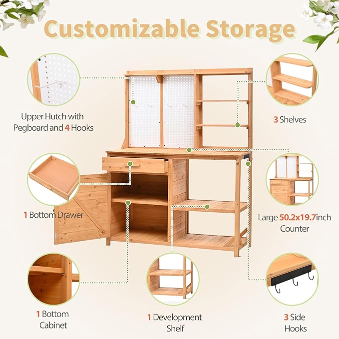 Fir Wood Potting Bench with Hutch - Outdoor Garden Workstation with 4 Shelves, Drawer & Adjustable Storage, 50.2" Countertop, & Pegboard (Natural + Wood + Rustic)