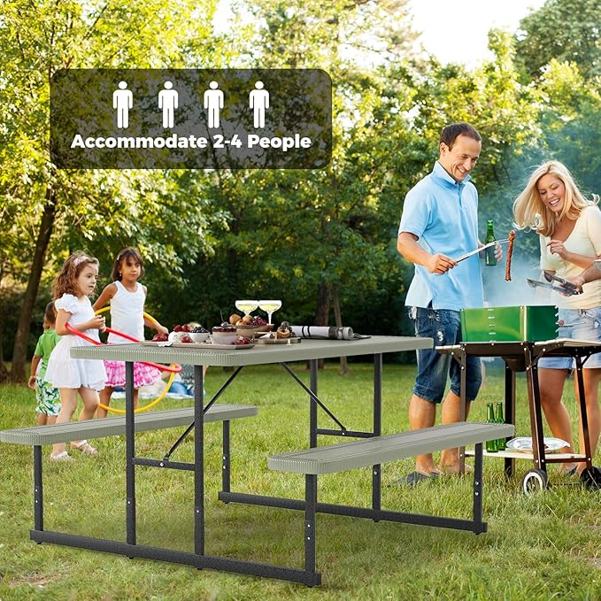 Giantex Picnic Table Bench Set for 4 People, 4.5FT Outdoor Rectangular Dining Table & 2 Benches w/Umbrella Hole, HDPE Tabletop, Metal Frame, Patio Garden Backyard Poolside (4.5FT,Non-Foldable,Green)