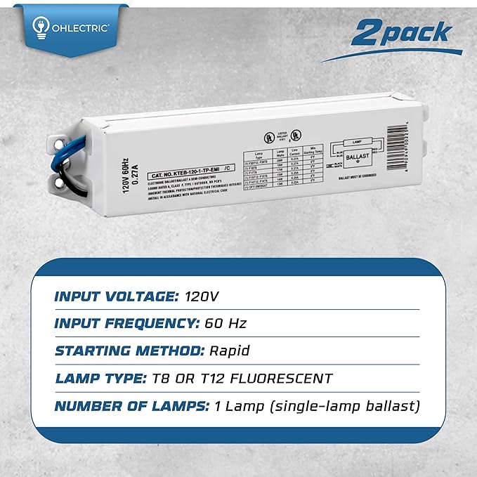 Replacement for Keystone KTEB-120-1-TP-EMI 1 Lamp T12 Electronic Fluorescent Ballast | 120V Input with Instant Start Operation | 0.90 Ballast Factor, UL-Approved