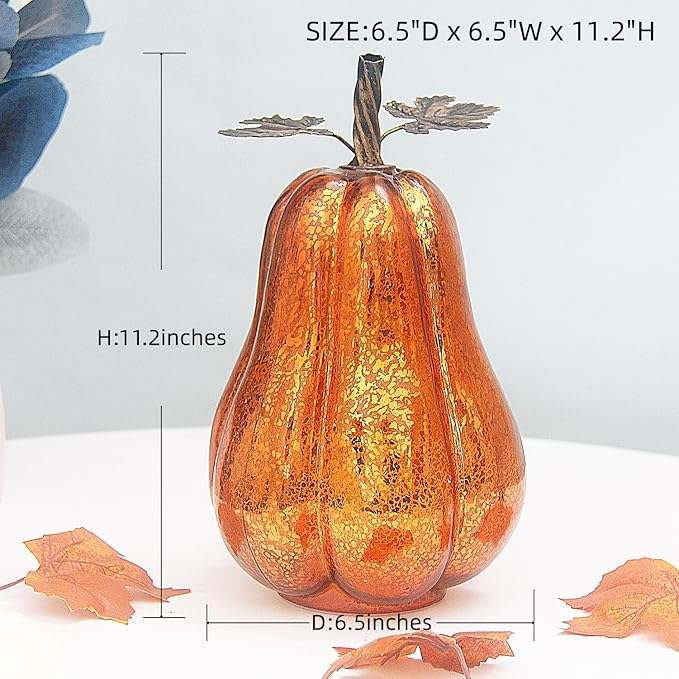 Mercury Glass Pumpkin Lights with Timer, Battery Operated Led Pumpkin Lights for Halloween Fall,Thanksgiving Rustic Decor (Gold Leafy, 11")