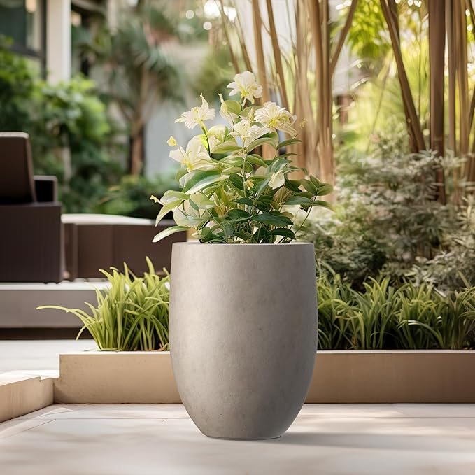 Kante 21.7 Inch Tall Concrete Planter, Large Indoor Outdoor Plant Pot with Drainage, Smooth Weathered Concrete Finish with Warm Brown Interior, Ideal for Porch, Home, Garden, Patio