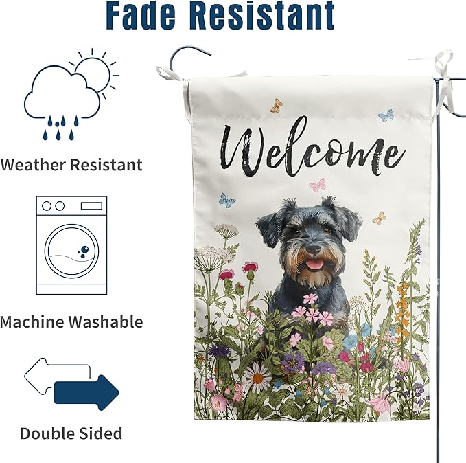 Spring Summer Garden Flag Floral Schnauzer Yard Flag Flower Dog Garden Flags for Outside Small Outdoor Welcome Flags 12x18 Double Sided