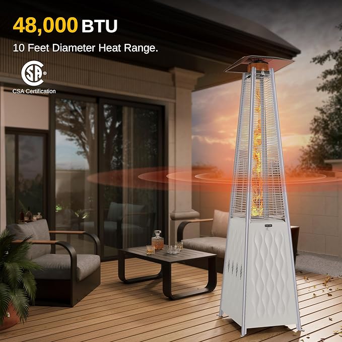EAST OAK Pyramid Patio Heater, 48,000 BTU Outdoor Patio Heater, Quartz Glass Tube Propane Heater, Triple Protection System, With Wheels, Outdoor Heater for Commercial & Residential, White