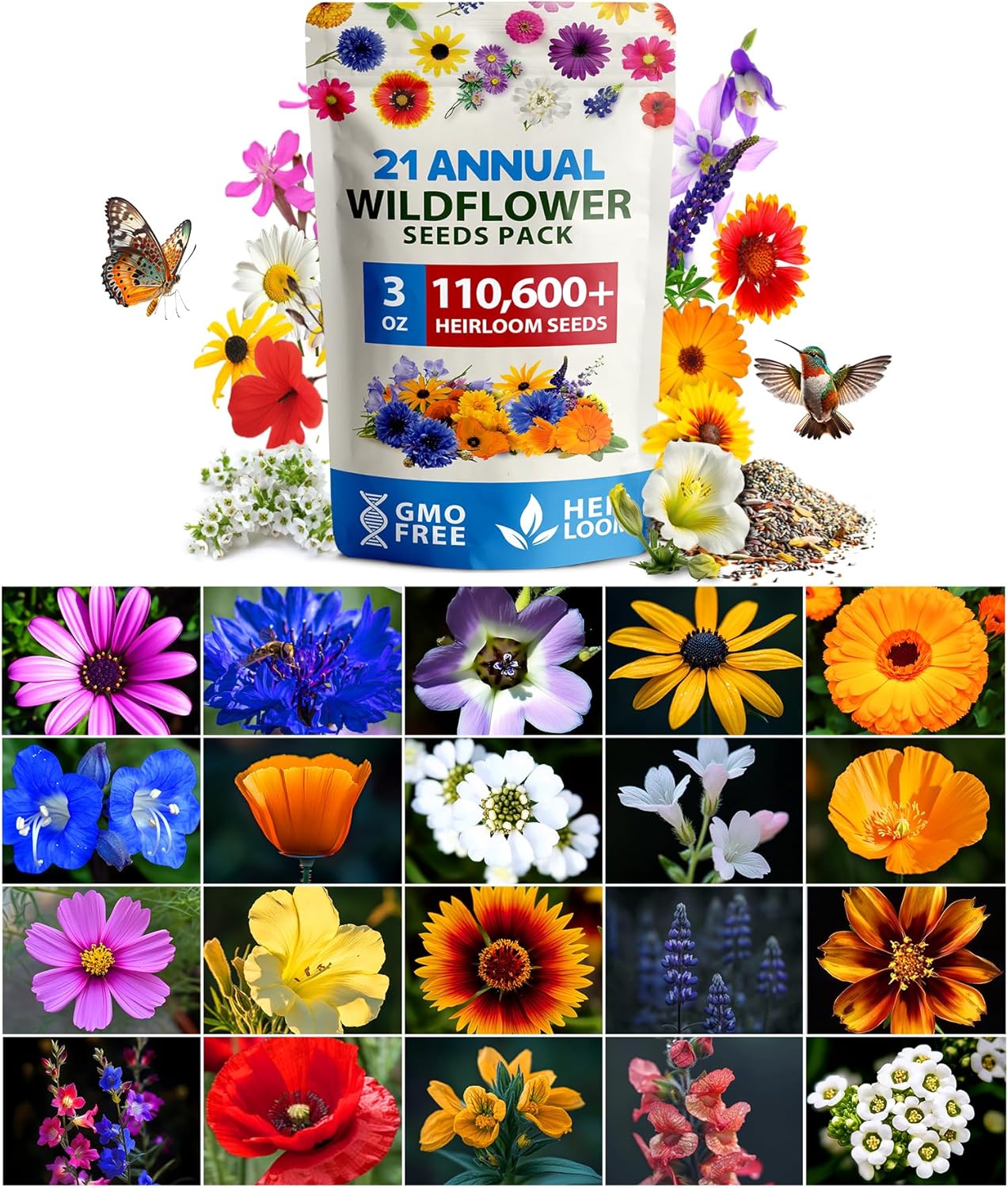 HOME GROWN Wildflower Seeds Mix - 110,600+ Seeds, 21 Varieties, Non-GMO Wild Flower Seeds for Planting, Annual Flowers, Butterfly Garden, Pollinator Seed Mix