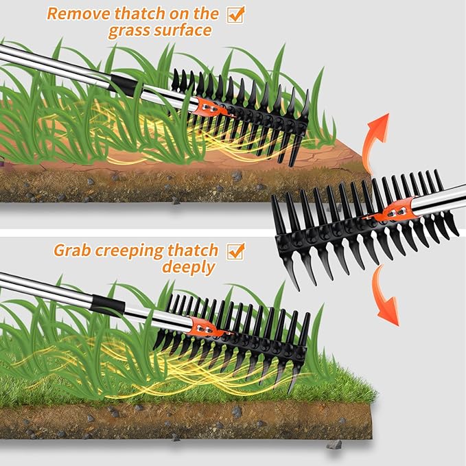 Thatch Rake - 15" Dethatcher Rake for Lawns with Upgraded Dual-Action Tines, Efficient Garden Rake with 57" Adjustable Handle, Heavy Duty Steel Metal Rakes with Reusable Yard Waste Bag & Gloves