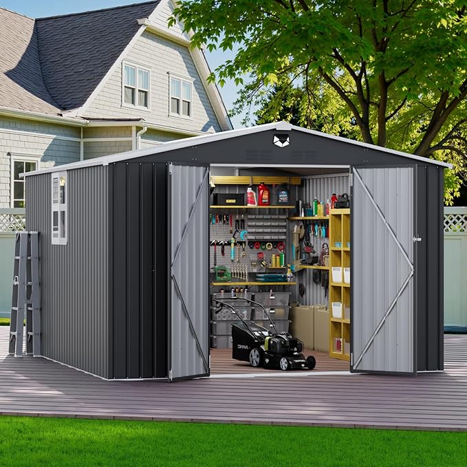 10x12 FT Outdoor Storage Shed, Metal Garden Shed - Tool Storage Sheds with Lockable Doors & 1 Clear Window, Waterproof Outside Storage Building for Backyard, Patio (Black; Floor Not Included)