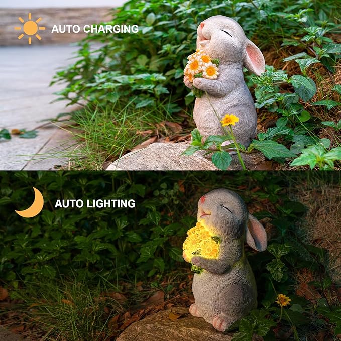 Solar Rabbit Garden Statues Outdoor Bunny Decor Resin Rabbit Figurine Holding Sunflower with LED Lights for Proch Patio Lawn Yard Mothers Day Gardening Gifts for Mom Grandma