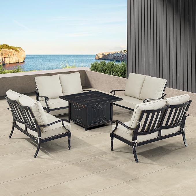 Oakland Living Black Aluminum Patio Fire Table Set with Four Deep Seating Loveseat with Cushions with Light Grey Cushions