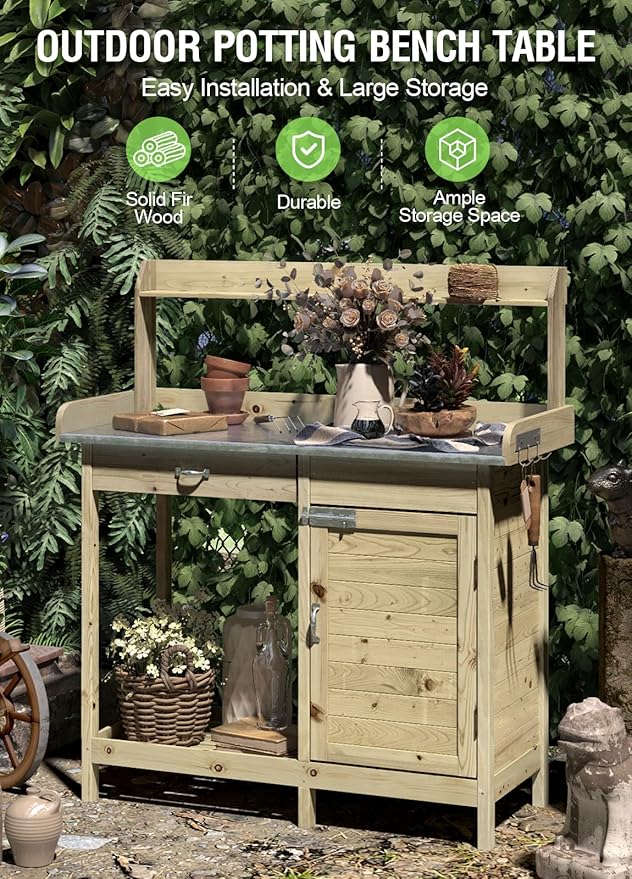 ARNOT Potting Bench,Outdoor Potting Bench Table with Sink and Storage Shelves, Wooden Garden Workstation for Gardening Tools, Planting, and Repotting – Natural Fir Wood (44” x 18” x 49.5”)