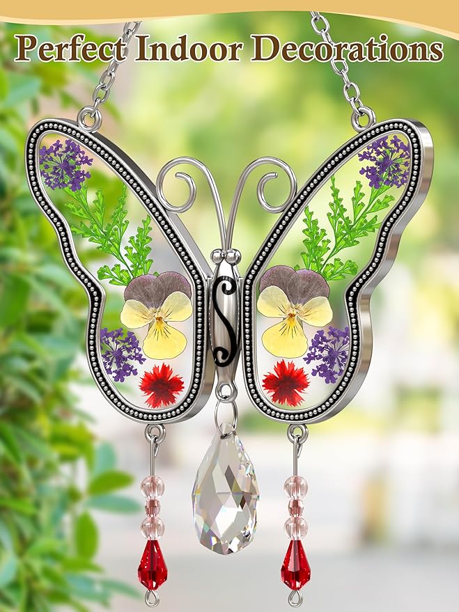 KY&BOSAM Gifts for Mom Family Friends Crystal Butterfly Suncatchers Stained Glass for Windows Wind Chimes Real Flower Colorful Crystal Outdoor for Garden Indoor Home Trees Patio Yard Porch Decor