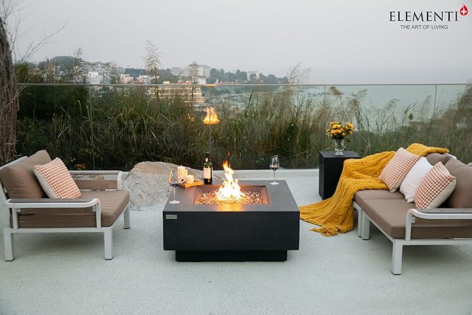 Elementi+ | Bundle Bergen Gas Fire Pit Cast Concrete 40" Square Fire Table, Outdoor Fire Pit Electronic Ignition | Canvas Cover, Fire Glass and Burner Lid Included | Dark Gray | Natural Gas