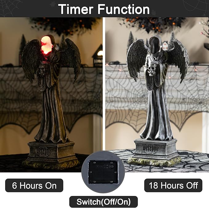 Glitzhome Halloween Porch Decorations, Lighted Halloween Front Porch Standing Sign Decor with Timer, Resin Grim Reaper Sign for Indoor Patio Party, 24" H