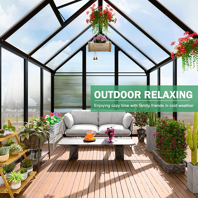 Outdoor Polycarbonate Greenhouse 10x6x6 FT Heavy Duty Aluminum Frame Outsides Green House Kit with Transparent Panels Windows Door for Backyard Garden, Walk in Plant Greenhouses,Black Thick Frame