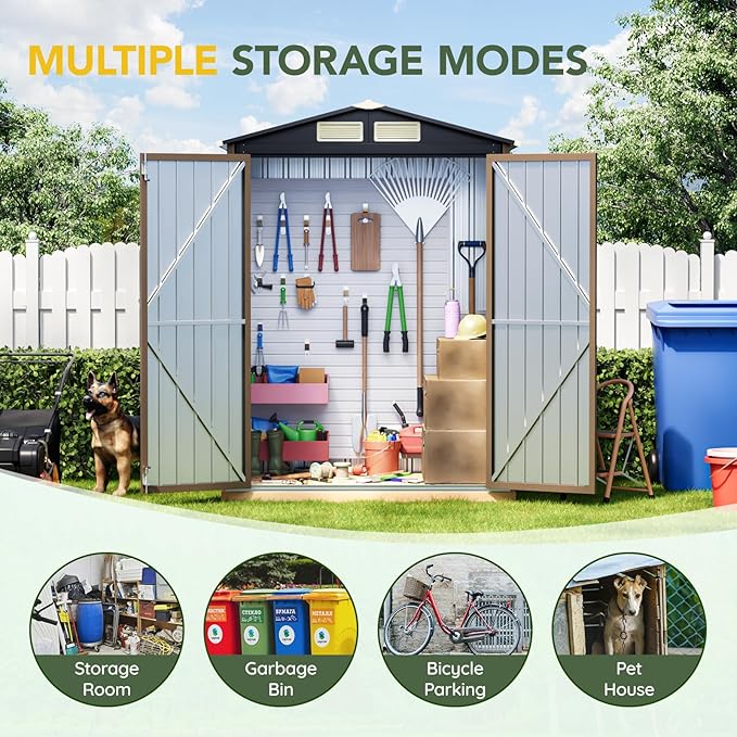 5x3FT Outdoor Steel Storage Shed with Floor Frame, Lockable Doors, Compact Metal Tool Shed for Garden, Backyard, Patio, Utility, and Bike Storage,Brown