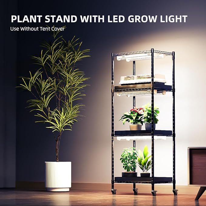 Spider Farmer 2025 4-Tier Plant Stand with 6Pcs 12" Full Spectrum 5000K LED Grow Lights and Tent Cover Mini Greenhouse Height Adjustable for Seed Starting Indoor Plants Growth 16Lx12Dx47H