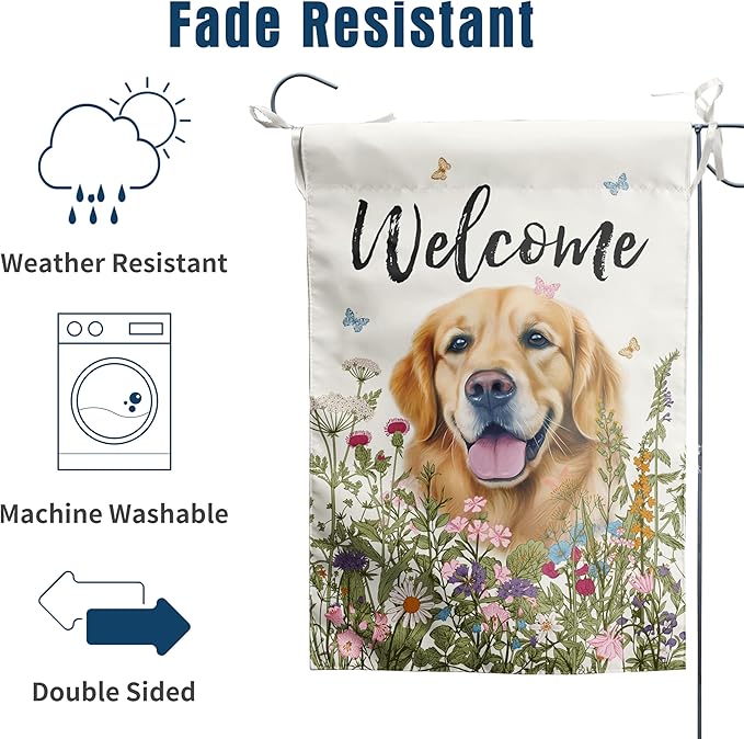 Spring Summer Garden Flag Floral Golden Retriever Yard Flag Flower Dog Garden Flags for Outside Small Outdoor Welcome Flags 12x18 Double Sided