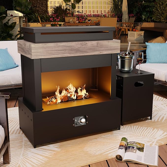 40.5''x35.4'' Outdoor Propane Fireplace, 50,000 BTU Vent-Free Gas Heater, CSA Certified Grey & Black Weather-Resistant Steel, Realistic Ceramic Logs, Rain Cover Included