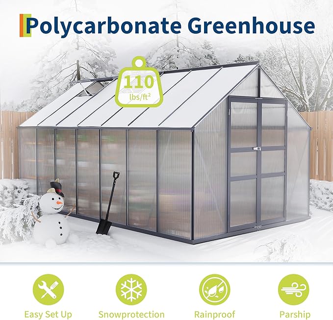 8*14FT Walk-in Greenhouses for Outdoors,Heavy Duty Polycarbonate Green House with Quick Setup Structure,Roof Vent, Push-Pull Lockable Door,Aluminum Green House for Garden Backyard, Patio, Lawn