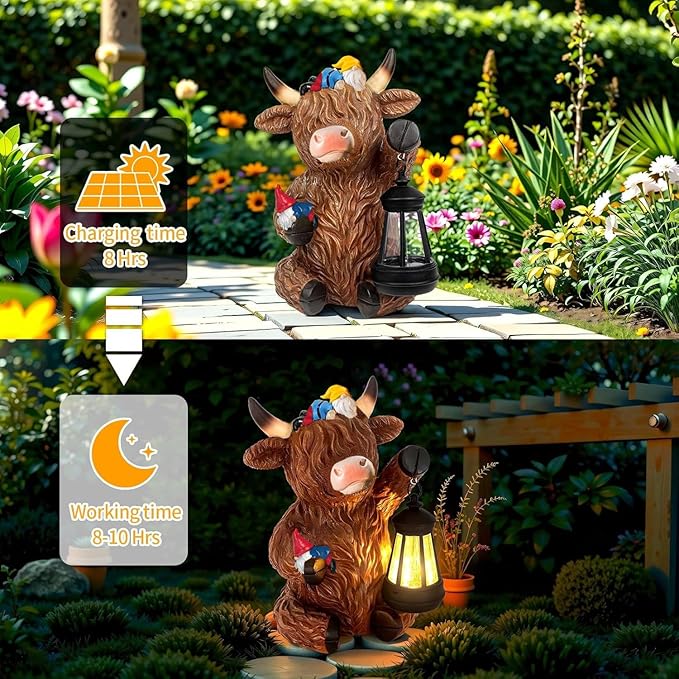 Solar Highland Cow Gnome Garden Decor Statue with Solars Lights, Funny Garden Statues Highland Cows Gifts for Women Mom Gnome Figurine for Yard Patio Lawn Home Ornaments
