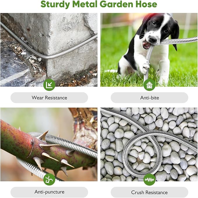 Garden Hose Metal 50FT, Stainless Steel Heavy Duty Water Hose With 10 Function Nozzle, No-Kink, Tough & Flexible, Sturdy and Lightweight, Rust Proof hose for Yard, Outdoor, RV